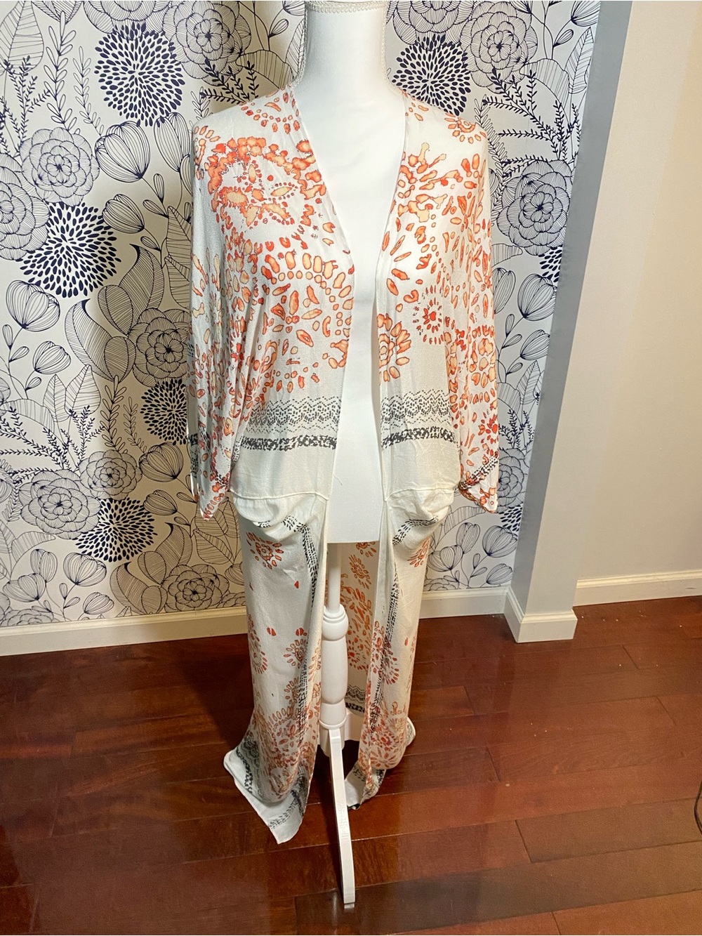 Angie Duster Kimono Boho Print Cream Orange Gray NWT One Size Festival Beach